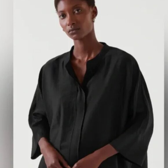 COS Tops - COS Black Oversized Granddad Collar Short Sleeve Blouse Top Curved Hem XS